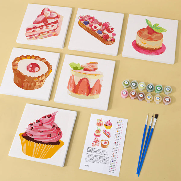 Sugar & Whimsy Paint by Numbers Kit by Artspark with six painted dessert canvases, paint pots, brushes, and guide.
