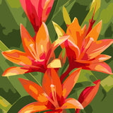 Vibrant painting of tropical orange and red flowers with greenery