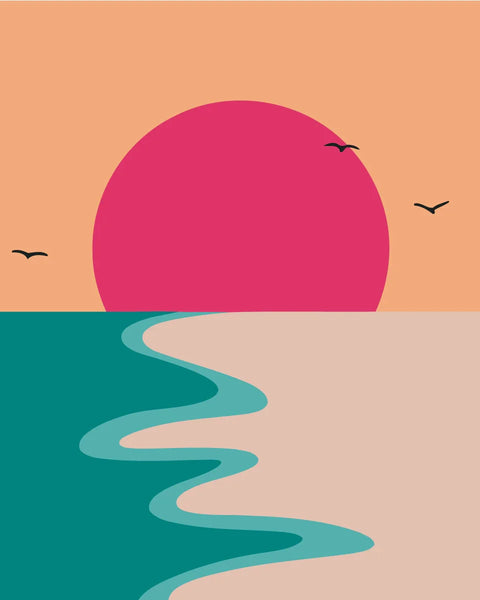 Minimalist painting of a sunset over the ocean with birds