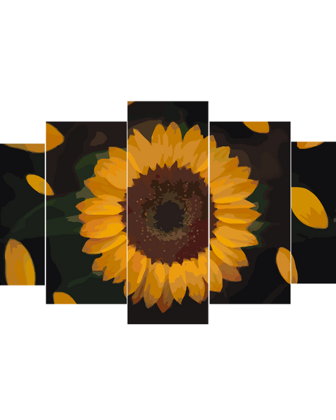 Multi-panel digital painting of a sunflower with falling petals