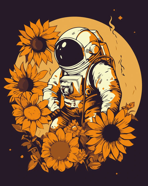 Astronaut standing among sunflowers with a glowing moon background