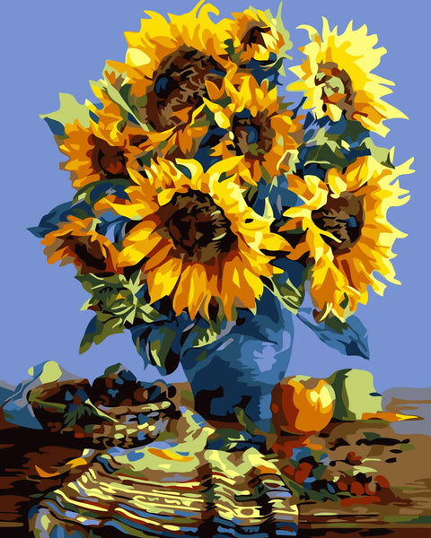 Vibrant sunflower bouquet in blue vase with rustic background