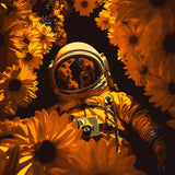 Astronaut floating among vibrant sunflowers in a surreal space scene