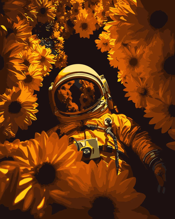 Astronaut floating among vibrant sunflowers in a surreal space scene