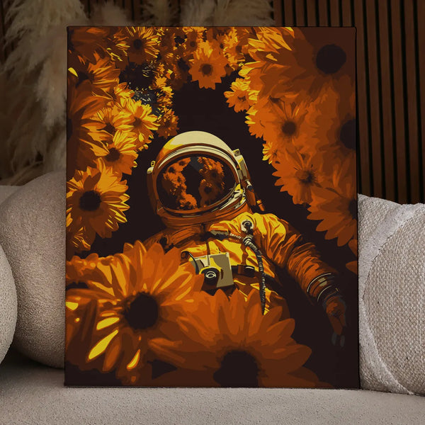 Astronaut floating among vibrant sunflowers in a surreal space scene
