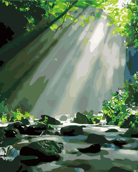 Painting of sunlight streaming through trees onto a forest river
