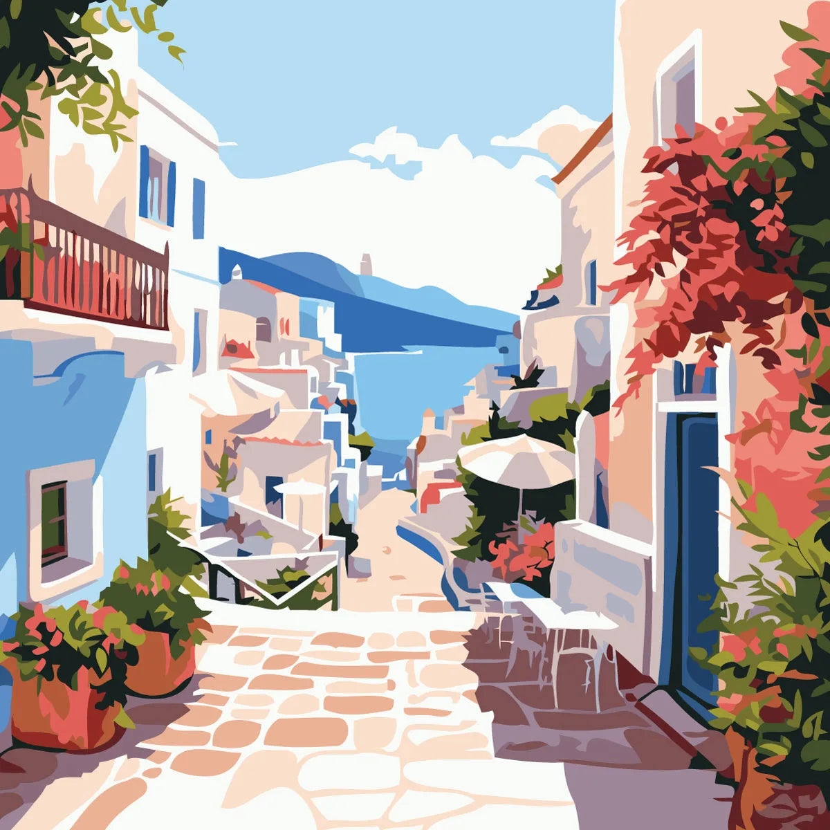 Colorful Mediterranean village street with ocean view and vibrant flowers