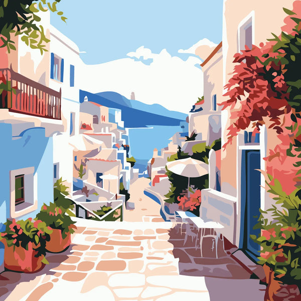 Colorful Mediterranean village street with ocean view and vibrant flowers