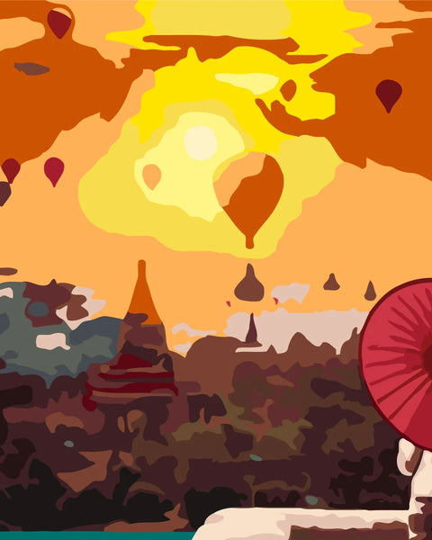 Painting of a woman with red umbrella watching sunrise and hot air balloons