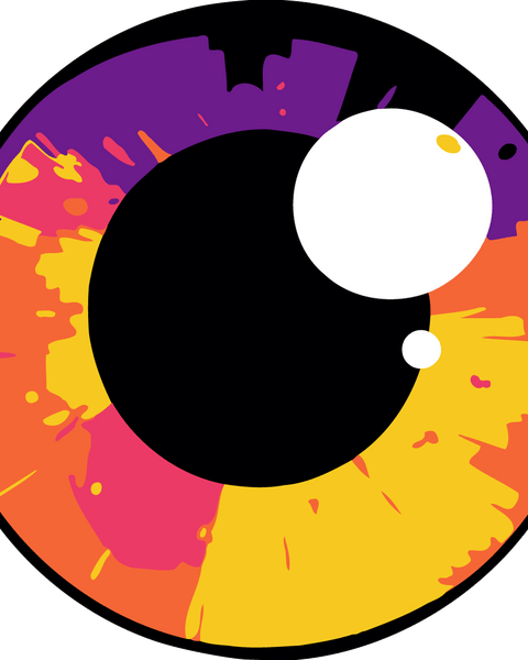 Painting of a colorful abstract eye with vibrant splashes of color