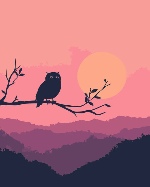 A serene owl perched on a tree branch against a glowing sunset, overlooking rolling mountains in soft hues of pink and purple.
