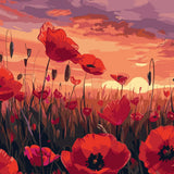 Painting of a vibrant poppy field at sunset with colorful sky