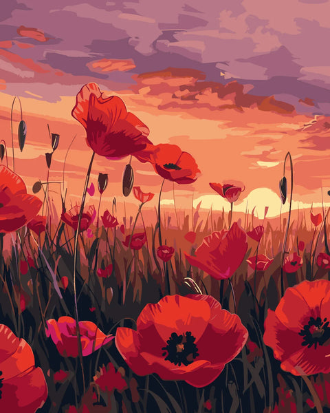 Painting of a vibrant poppy field at sunset with colorful sky