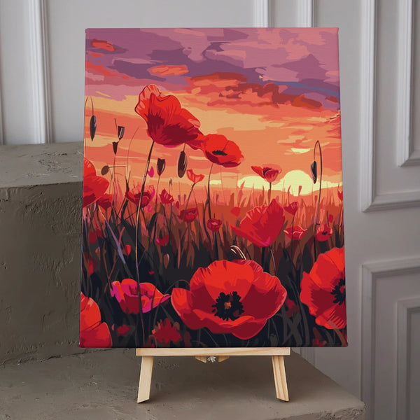 Painting of a vibrant poppy field at sunset with colorful sky