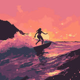 Painting of a surfer riding a wave at sunset ocean scene