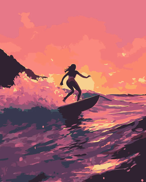 Painting of a surfer riding a wave at sunset ocean scene