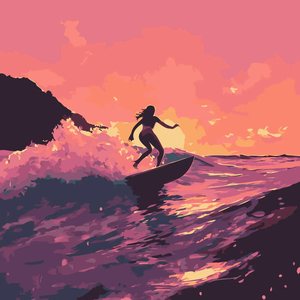Painting of a surfer riding a wave at sunset ocean scene