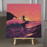 Painting of a surfer riding a wave at sunset ocean scene