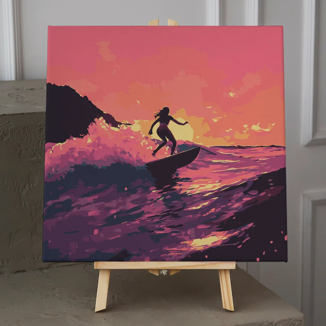 Painting of a surfer riding a wave at sunset ocean scene