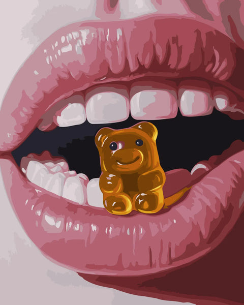Painting of a gummy bear resting on lips with teeth showing