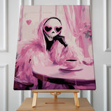 Painting of a skeleton wearing heart sunglasses and sipping coffee