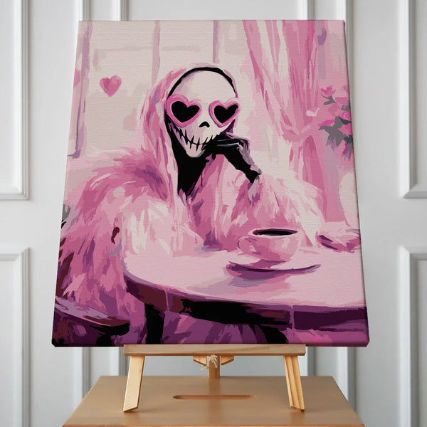 Painting of a skeleton wearing heart sunglasses and sipping coffee