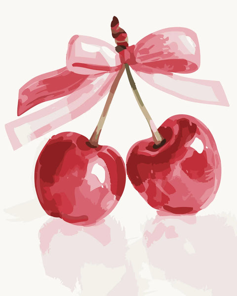 Painting of two cherries tied together with a pink ribbon