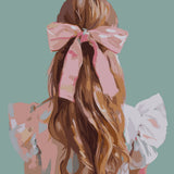 Painting of a girl with long wavy hair and pink bow