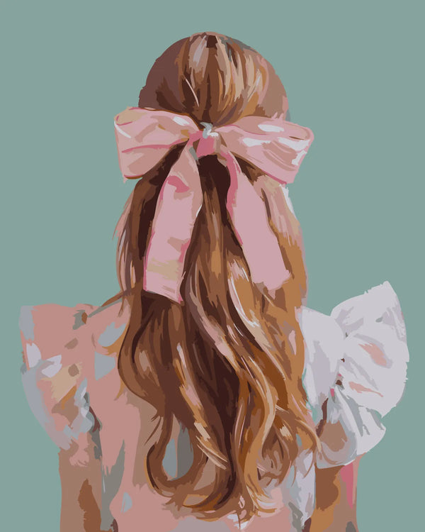 Painting of a girl with long wavy hair and pink bow