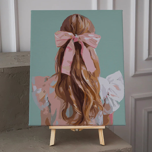 Painting of a girl with long wavy hair and pink bow
