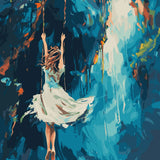 Painting of a girl in white dress swinging over abstract background
