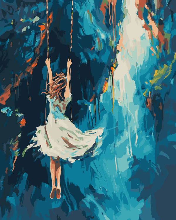 Painting of a girl in white dress swinging over abstract background