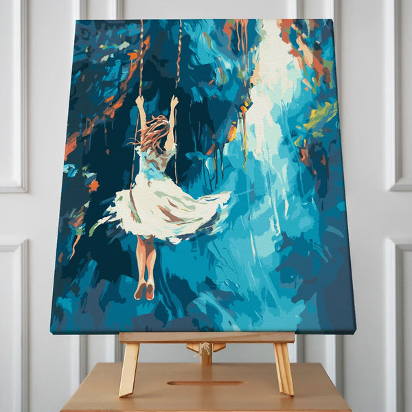 Painting of a girl in white dress swinging over abstract background
