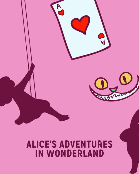 Painting of Alice in Wonderland with Cheshire Cat and playing card