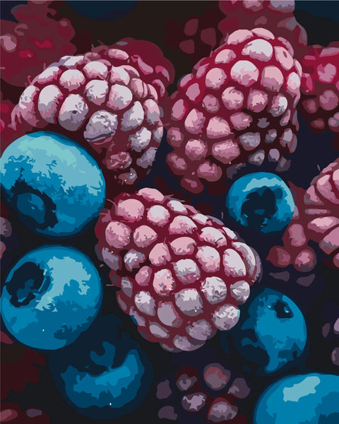 Stylized painting of frozen raspberries and blueberries in vibrant colors