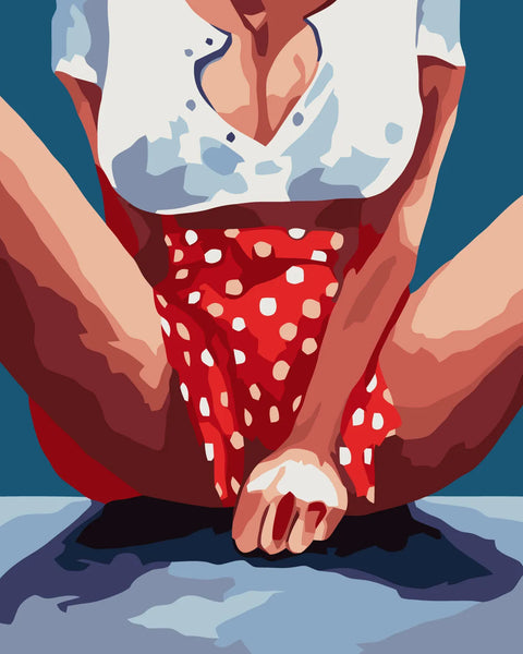 Bold abstract painting of a seated woman in polka-dot skirt