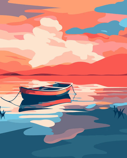 Colorful painting of a boat floating on a serene lake