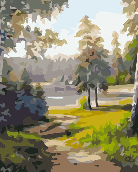Stylized painting of a peaceful forest path leading to a lake