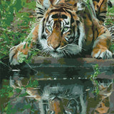 Stylized painting of a tiger crouching by water with reflection