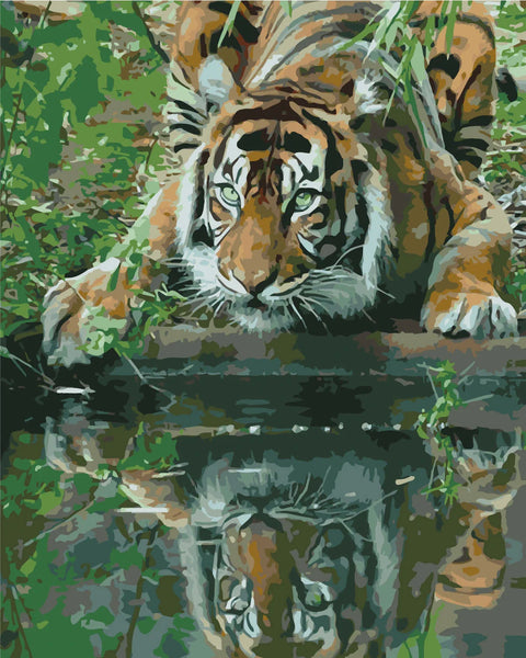 Stylized painting of a tiger crouching by water with reflection