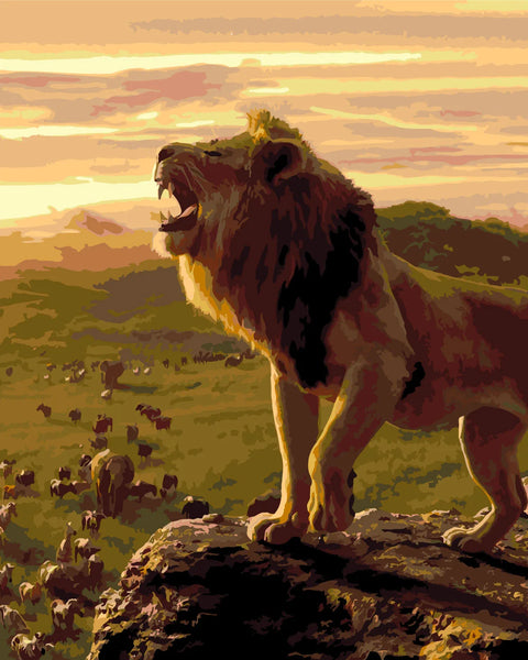 Stylized painting of a roaring lion on a rock at sunset