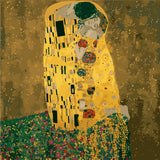 Romantic painting of a couple embracing inspired by Klimt's The Kiss