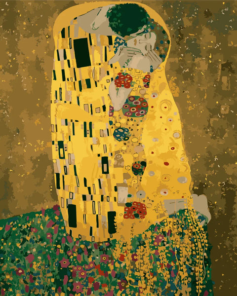 Romantic painting of a couple embracing inspired by Klimt's The Kiss