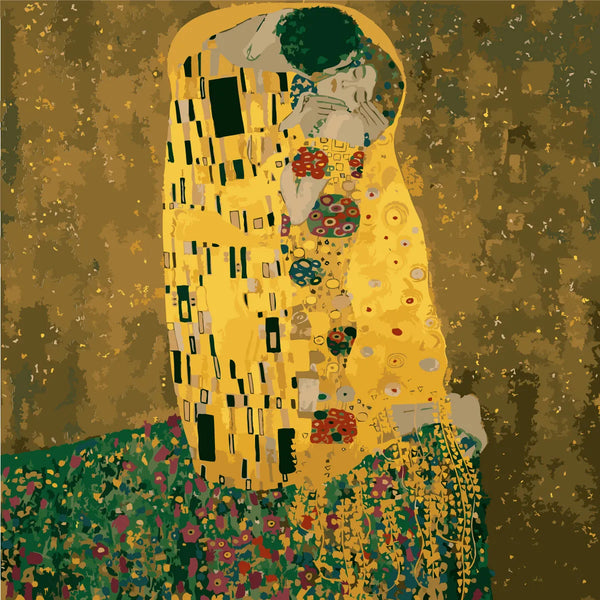 Romantic painting of a couple embracing inspired by Klimt's The Kiss