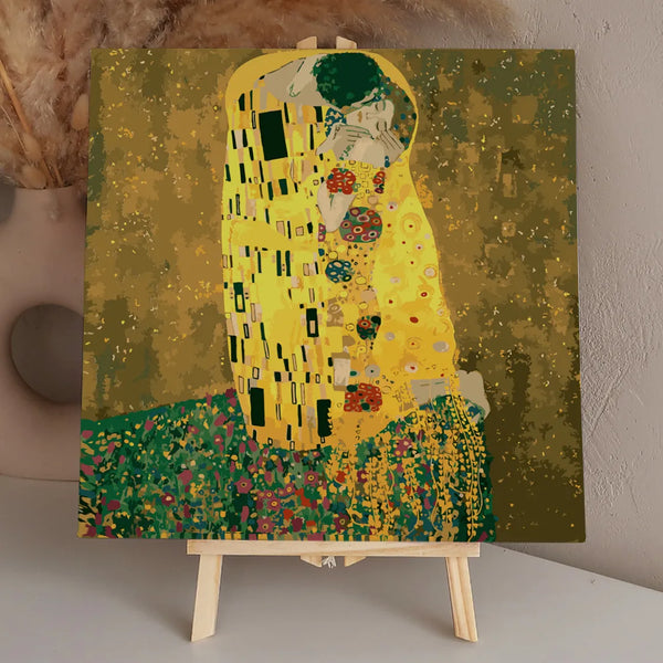 Romantic painting of a couple embracing inspired by Klimt's The Kiss