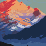 Stylized painting of a majestic mountain with a lone hiker