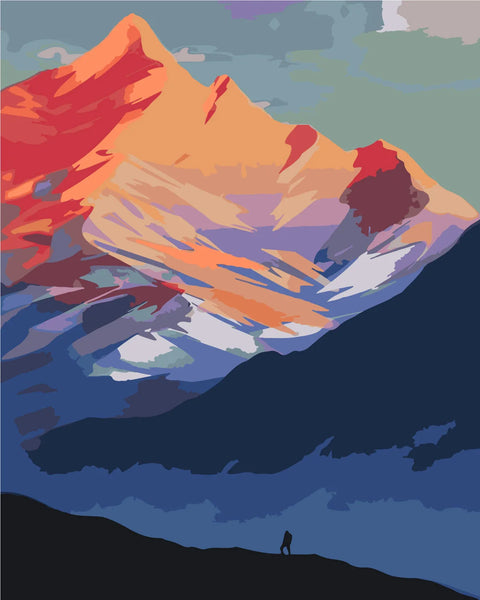 Stylized painting of a majestic mountain with a lone hiker