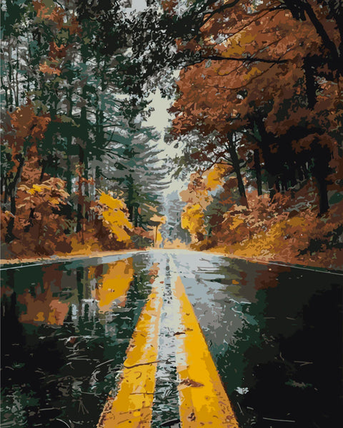 Stylized painting of a wet autumn road surrounded by colorful trees