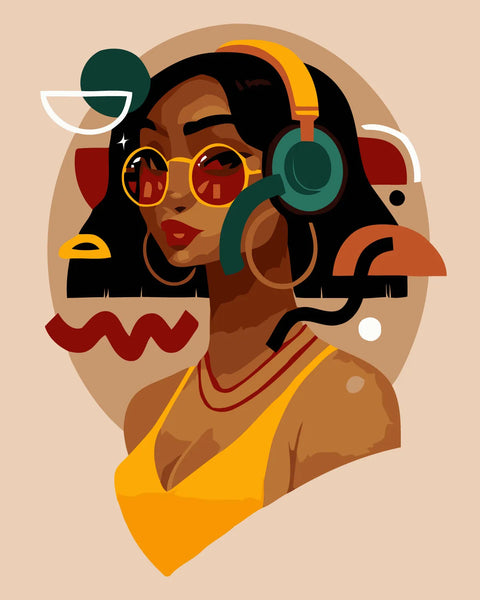 Stylized portrait of a confident woman wearing headphones and sunglasses