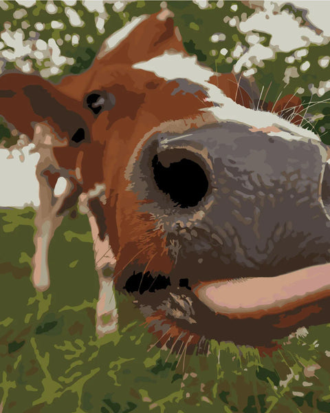 Stylized painting of a cow sticking its tongue out close-up
